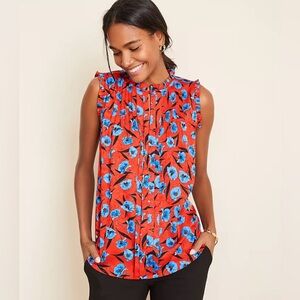 Ann Taylor‎ Poppy Pintucked Ruffle Satin Shell Sleeveless Top Red Size Small